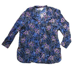 Vintage Misho 100% Silk Tunic Top Womens Plus Size 16 Purple Paisley Long Sleeve